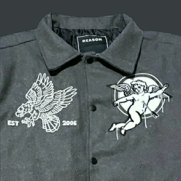 Reason Charcoal Bomber Jacket with Embroidered Designs $159 - Picture 3 of 6